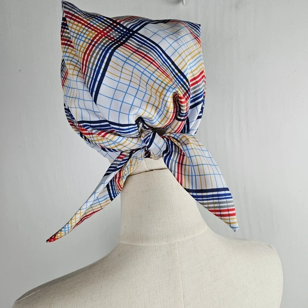 Vintage Scarf Hat Scrub‎ Tie Back White Plaid Chemo Retro Cathy Thousand Oaks Ca - Picture 3 of 8
